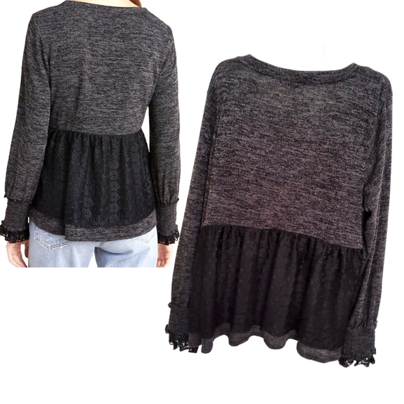 ANTHROPOLOGIE RO+DE Black/Gray Amirah Lace Long Smocked Cuff Sleeve Top XL - Picture 11 of 16